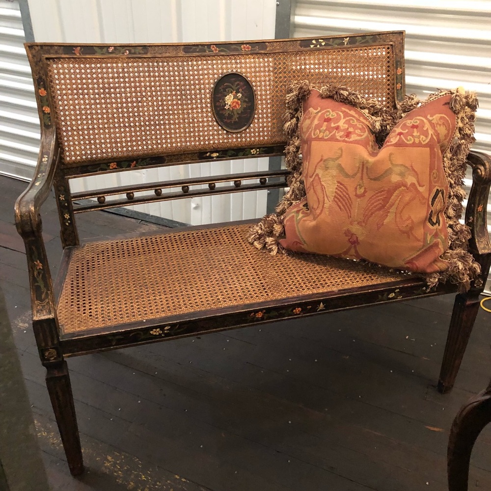 Gorgeous Antique Hand Painted Cane Bench